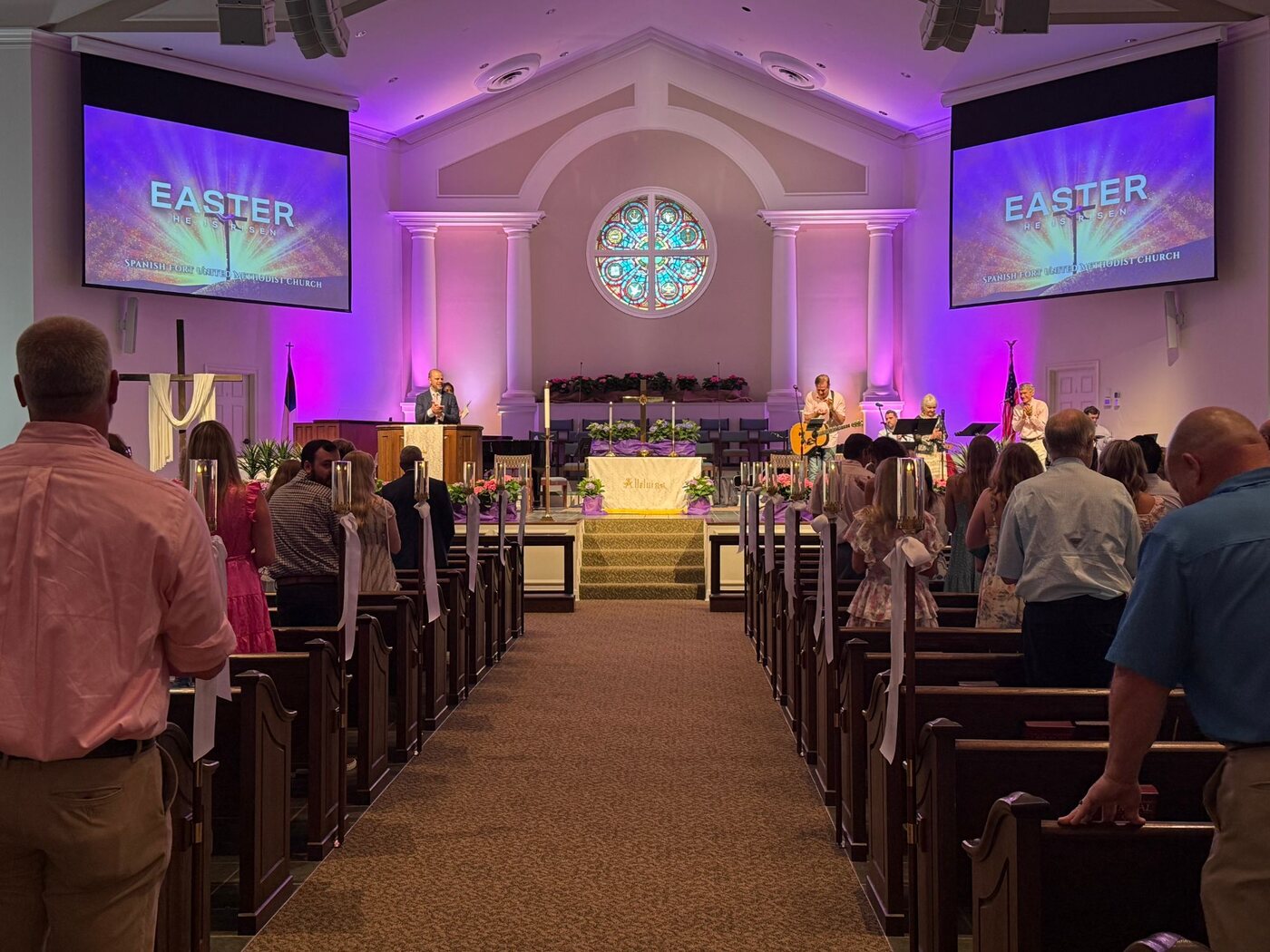 The worship band leading the contemporary service