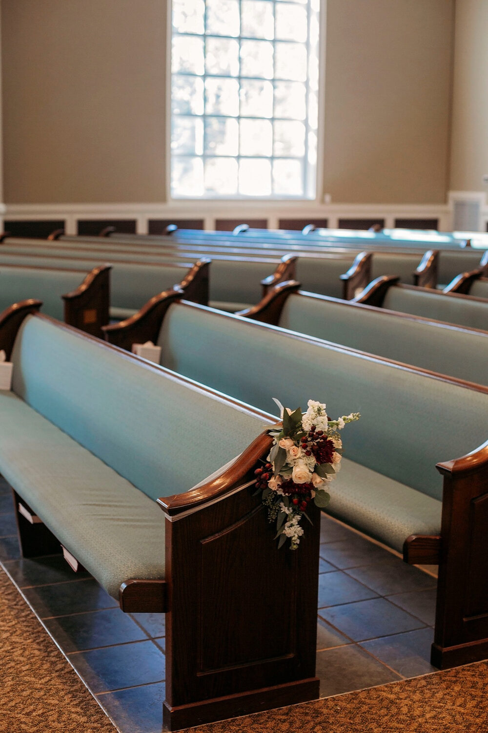 Sunlight on the pews of the sanctuary